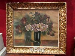 Ancien tableau pastel nature morte bouquet fleurs 1940 art deco signé lendeville