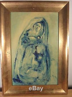 Art Déco 1960 Maternité bleue Encre & huile sur papier marouflé signée BITCHA