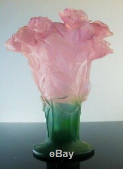 Art Déco / Grand Vase Pte De Verre 22cm Couleur Modelé Roses Daum Signe