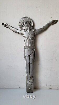 Art deco grand christ Signé Numéroté MARMORA bronze aluminium Jesus croix