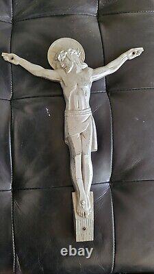 Art deco grand christ Signé Numéroté MARMORA bronze aluminium Jesus croix