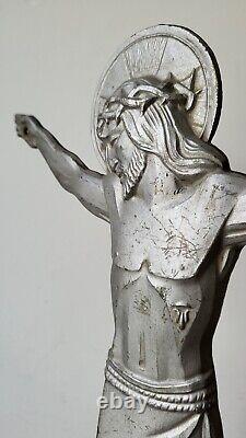 Art deco grand christ Signé Numéroté MARMORA bronze aluminium Jesus croix