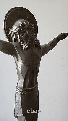 Art deco grand christ Signé Numéroté MARMORA bronze aluminium Jesus croix