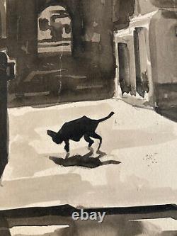 Beau Dessin encre lavis noir chat rue art Deco A Identifier 1950 signé