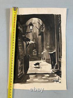 Beau Dessin encre lavis noir chat rue art Deco A Identifier 1950 signé