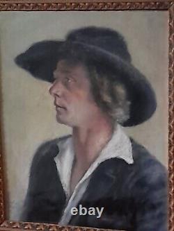 Beau portrait ancien jeune fille au chapeau signé A ROBYN période art déco