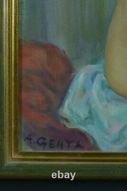 Beau tableau ancien portrait jeune femme Nue à la coiffeuse signé ALBERT GENTA