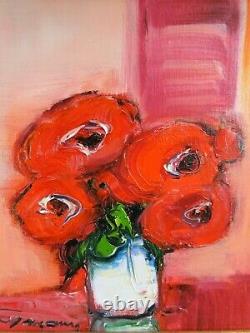 Bernard Gassmann (1942-) Amour Fou Peinture Originale H/t Encadree Fleurs