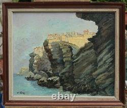 Bonifacio en Corse-Favre XXè, tableau, impressionnisme, art-deco, mer, marine, village