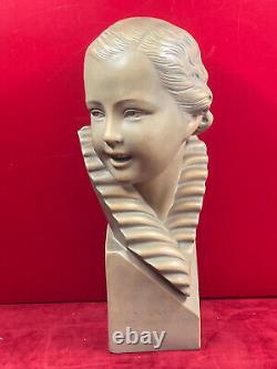 Buste Art Déco Antique Signé B Rezl Statue jeune fille patine Terre Cuite