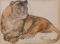 Camille ROCHE dessin Art déco art animalier lion lionne fauve tableau aquarelle