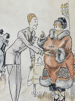 Caricature Art Déco dessin original humour tableau signé Henri Fournier 1924