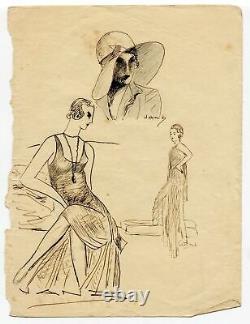 Croquis à l'encre original Art déco signé de 3 femmes vers 1930