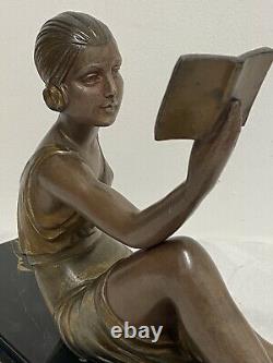 Demeter Chiparus Sculpture Régule Jeune Femme Au Livre Socle Marbre Signé An1930