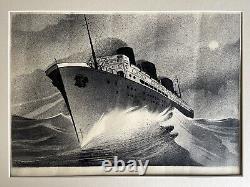 Dessin 1933 Paquebot Mariette Pacha Messageries Maritimes Art Deco marine Signé