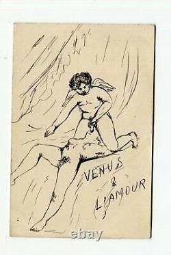 Dessin Ancien Original Signé Encre Vénus et Amour, Erotica