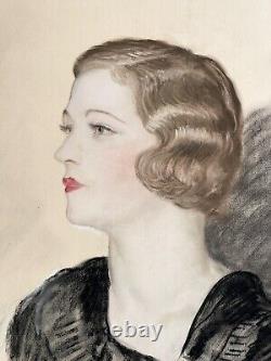 Dessin Ancien Pastel Art Déco Gaetano De Gennaro Portrait Jolie Femme Mode 1930