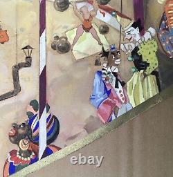 Dessin Gouache Art Déco Henri Hague Scène Cirque Clowns Acrobates Piste Voltige