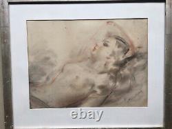 Dessin au pastel d'une femme nue allongée d'époque art déco signé Nikolsky