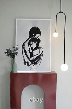 Dessin original, Encre sur papier blanc L'Étreinte Romantique