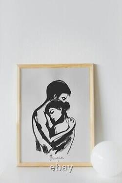 Dessin original, Encre sur papier blanc L'Étreinte Romantique