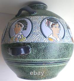 Enorme vase Art Déco aux émaux crispés, 8 portraits, signé L. E Impérial Amphora