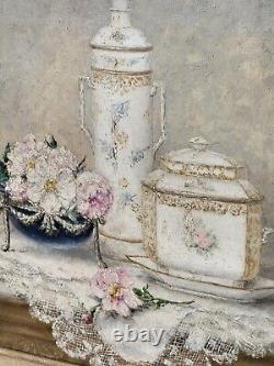 GUSTAVE BARRIER Nature Morte de Fleurs et Porcelaines Peinture huile sur toile