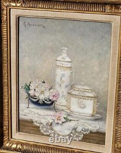 GUSTAVE BARRIER Nature Morte de Fleurs et Porcelaines Peinture huile sur toile