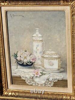 GUSTAVE BARRIER Nature Morte de Fleurs et Porcelaines Peinture huile sur toile