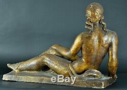 Grand Sculpture art deco signée Joseph Andrau Toulouse Nue assis Pat. Bronze Doré