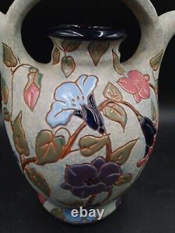 Grand Vase Aiguière Art Déco fleurs émaillé signé Amphora République Tchèque