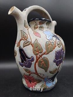 Grand Vase Aiguière Art Déco fleurs émaillé signé Amphora République Tchèque