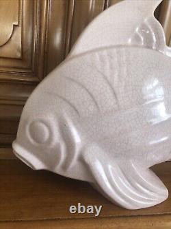 Grand poisson en céramique craquelée signée Le Jan, Art Deco 1930, Saint Clément