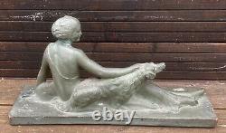 Grande Sculpture Art Deco Femme avec Chien Terre Cuite Signé Melani