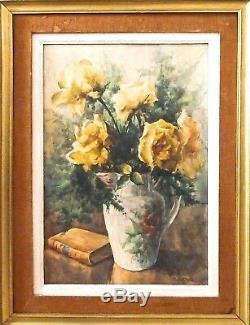 Grande aquarelle signée P. Astruc, Bouquet de roses encadrée, époque 1950/60