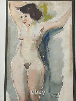 Grande aquarelle signée tableau Art Déco nu féminin J. Besnard-Fortin curiosa