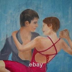 Grande peinture HST Art Déco Couple danse, 116 x 73 cm, signe