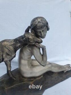 Grande sculpture art deco en bronze A. MORLON femme nue au cabri statue 79cm