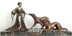 Grande sculpture statue bronze Art Deco 1925 femme lévriers barzoï signé Grisard