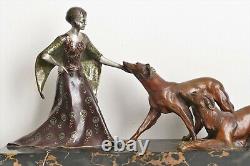 Grande sculpture statue bronze Art Deco 1925 femme lévriers barzoï signé Grisard