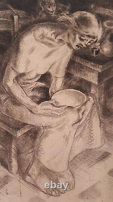 Gravure originale Art Déco Expressionnisme famine mère & son enfant signée
