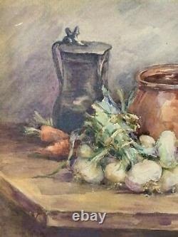 Henriette Messager Aquarelle Nature Morte aux Légumes Carotte Ail Cuisine Pichet