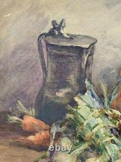 Henriette Messager Aquarelle Nature Morte aux Légumes Carotte Ail Cuisine Pichet