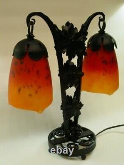Lampe double art déco pâte de verre fer forgé signée Schneider 1900-1920