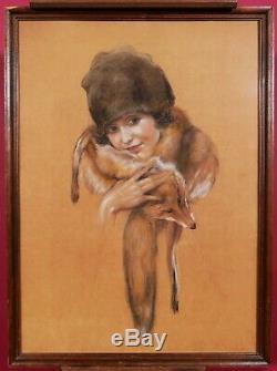 Léo FONTAN dessin tableau portrait jeune femme fille enfant 1920 Art Déco renard
