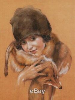 Léo FONTAN dessin tableau portrait jeune femme fille enfant 1920 Art Déco renard
