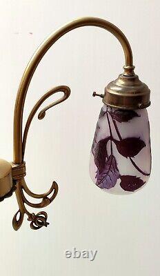 Lustre Bronze 3 Tulipe Pate De Verre Fleur Grave A L'acide Signe Laflor Art Deco