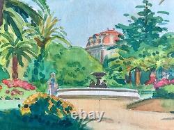 MINARTZ Tony (1870-1944) Palmiers dans un parc, Côte d'Azur. Aquarelle signée