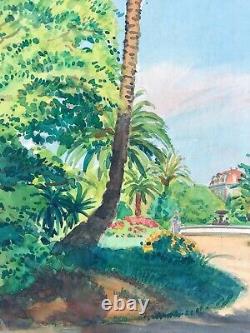 MINARTZ Tony (1870-1944) Palmiers dans un parc, Côte d'Azur. Aquarelle signée