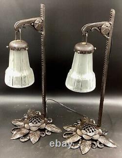 MULLER FRÈRES-Paire de LAMPES Art Déco fer forgé et tulipes 1925/1930 signées